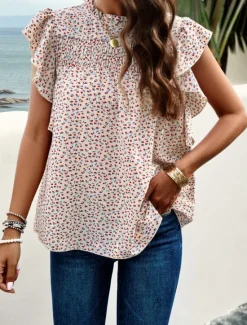 New Women's Shirt Blouse Cotton Linen Shirts Floral Stylish Casual Short Sleeve Turtleneck Regular Tops Daily Ruffle Print Black Beige Summer Women Shirts|Spring Tops