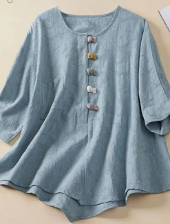 New Women's Shirt Blouse Cotton Linen Shirts Solid Color Basic Casual 3/4 Length Sleeve Crew Neck Regular Tops Daily Buttons Pink Blue Summer Women Blouses & Shirts|Shirts