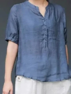 Women's Shirt Blouse Cotton Linen Shirts Solid Color Basic Casual Short Sleeve Notched Neck Regular Tops Daily Buttons Pocket Navy Blue Orange Summer Spring Women Shirts