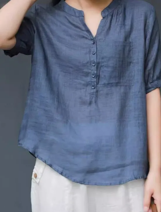 Women's Shirt Blouse Cotton Linen Shirts Solid Color Basic Casual Short Sleeve Notched Neck Regular Tops Daily Buttons Pocket Navy Blue Orange Summer Spring Women Shirts