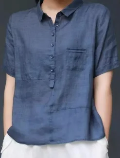 Women's Shirt Blouse Cotton Linen Shirts Solid Color Basic Casual Short Sleeve Notched Neck Regular Tops Daily Buttons Pocket Navy Blue Orange Summer Spring Women Shirts