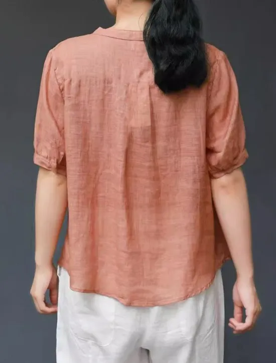 Women's Shirt Blouse Cotton Linen Shirts Solid Color Basic Casual Short Sleeve Notched Neck Regular Tops Daily Buttons Pocket Navy Blue Orange Summer Spring Women Shirts