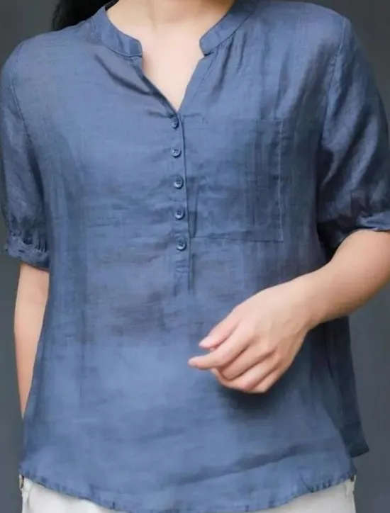 Women's Shirt Blouse Cotton Linen Shirts Solid Color Basic Casual Short Sleeve Notched Neck Regular Tops Daily Buttons Pocket Navy Blue Orange Summer Spring Women Shirts