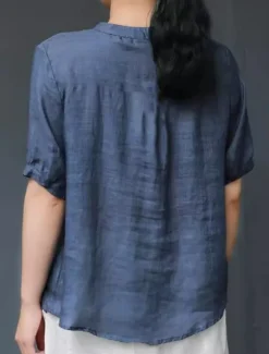Women's Shirt Blouse Cotton Linen Shirts Solid Color Basic Casual Short Sleeve Notched Neck Regular Tops Daily Buttons Pocket Navy Blue Orange Summer Spring Women Shirts