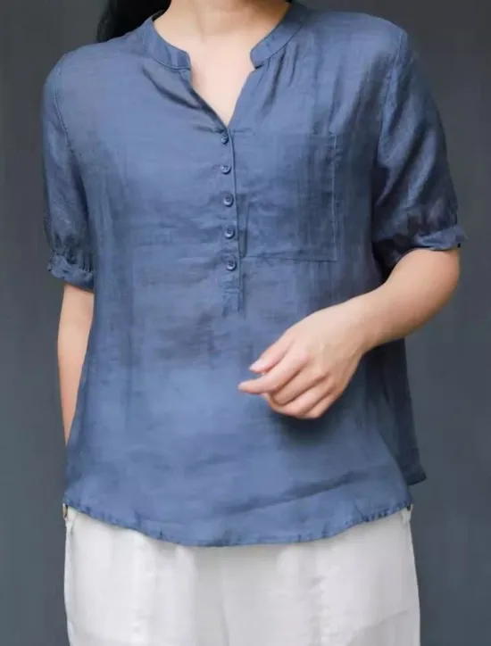 Women's Shirt Blouse Cotton Linen Shirts Solid Color Basic Casual Short Sleeve Notched Neck Regular Tops Daily Buttons Pocket Navy Blue Orange Summer Spring Women Shirts