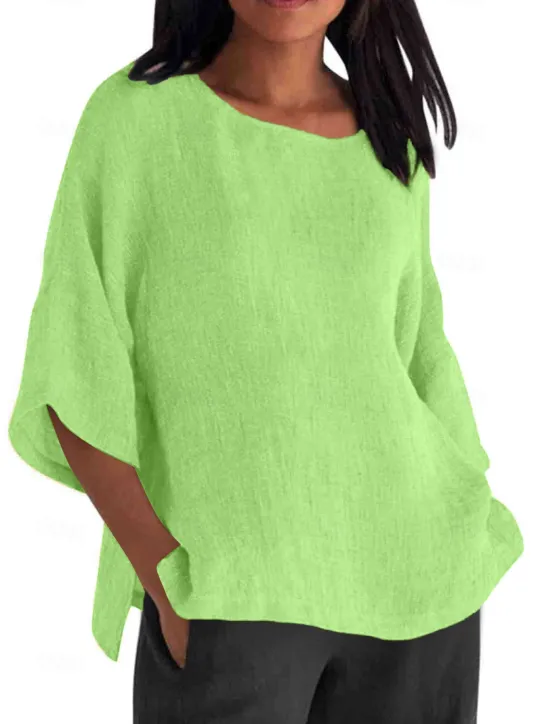 Online Women's Shirt Blouse Cotton Linen Shirts Solid Color Basic Casual 3/4 Length Sleeve Crew Neck Regular Tops Daily Grass Green Black White Light Green Pink Summer Women Shirts|Blouses & Shirts