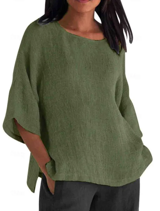 Online Women's Shirt Blouse Cotton Linen Shirts Solid Color Basic Casual 3/4 Length Sleeve Crew Neck Regular Tops Daily Grass Green Black White Light Green Pink Summer Women Shirts|Blouses & Shirts