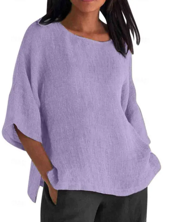 Online Women's Shirt Blouse Cotton Linen Shirts Solid Color Basic Casual 3/4 Length Sleeve Crew Neck Regular Tops Daily Grass Green Black White Light Green Pink Summer Women Shirts|Blouses & Shirts