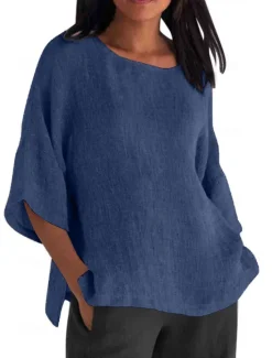 Online Women's Shirt Blouse Cotton Linen Shirts Solid Color Basic Casual 3/4 Length Sleeve Crew Neck Regular Tops Daily Grass Green Black White Light Green Pink Summer Women Shirts|Blouses & Shirts