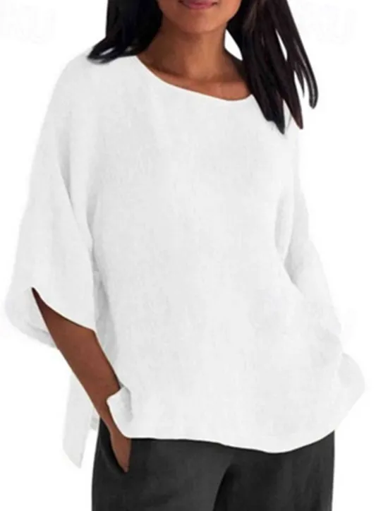 Online Women's Shirt Blouse Cotton Linen Shirts Solid Color Basic Casual 3/4 Length Sleeve Crew Neck Regular Tops Daily Grass Green Black White Light Green Pink Summer Women Shirts|Blouses & Shirts