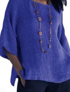 Online Women's Shirt Blouse Cotton Linen Shirts Solid Color Basic Casual 3/4 Length Sleeve Crew Neck Regular Tops Daily Grass Green Black White Light Green Pink Summer Women Shirts|Blouses & Shirts