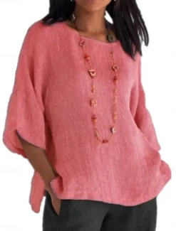 Online Women's Shirt Blouse Cotton Linen Shirts Solid Color Basic Casual 3/4 Length Sleeve Crew Neck Regular Tops Daily Grass Green Black White Light Green Pink Summer Women Shirts|Blouses & Shirts