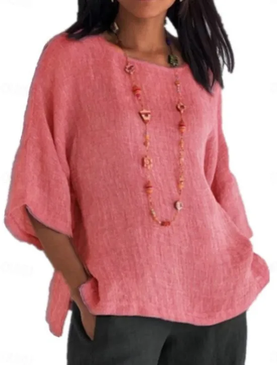 Online Women's Shirt Blouse Cotton Linen Shirts Solid Color Basic Casual 3/4 Length Sleeve Crew Neck Regular Tops Daily Grass Green Black White Light Green Pink Summer Women Shirts|Blouses & Shirts