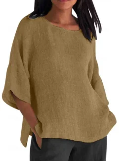 Online Women's Shirt Blouse Cotton Linen Shirts Solid Color Basic Casual 3/4 Length Sleeve Crew Neck Regular Tops Daily Grass Green Black White Light Green Pink Summer Women Shirts|Blouses & Shirts