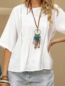 Sale Women's Shirt Blouse Cotton Linen Shirts Solid Color Basic Casual 3/4 Length Sleeve Crew Neck Regular Tops Daily Summer Spring Women Shirts