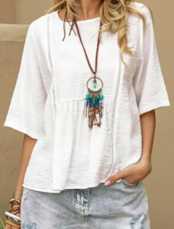 Sale Women's Shirt Blouse Cotton Linen Shirts Solid Color Basic Casual 3/4 Length Sleeve Crew Neck Regular Tops Daily Summer Spring Women Shirts