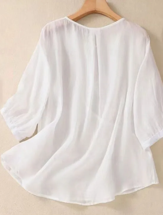 Discount Women's Shirt Blouse Cotton Linen Shirts Solid Color Basic Casual 3/4 Length Sleeve Crew Neck Regular Tops Daily Embroidered White Pink Blue Khaki Summer Spring Women Shirts