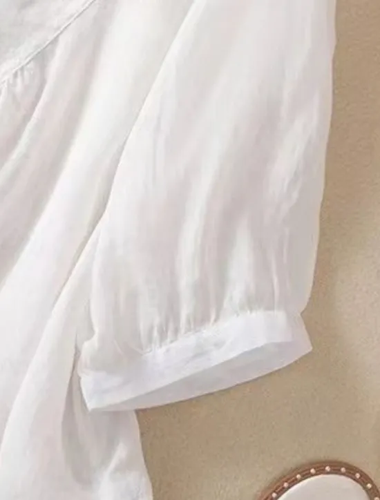 Discount Women's Shirt Blouse Cotton Linen Shirts Solid Color Basic Casual 3/4 Length Sleeve Crew Neck Regular Tops Daily Embroidered White Pink Blue Khaki Summer Spring Women Shirts