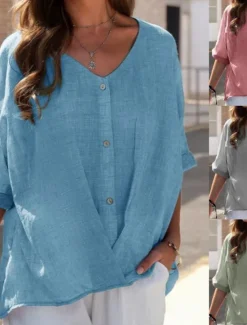 Online Women's Shirt Blouse Cotton Linen Shirts Plain Casual Short Sleeve V Neck Regular Tops Daily Buttons Pink Blue Purple Green Khaki Summer Women Shirts