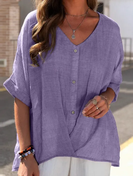 Online Women's Shirt Blouse Cotton Linen Shirts Plain Casual Short Sleeve V Neck Regular Tops Daily Buttons Pink Blue Purple Green Khaki Summer Women Shirts