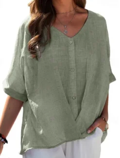 Online Women's Shirt Blouse Cotton Linen Shirts Plain Casual Short Sleeve V Neck Regular Tops Daily Buttons Pink Blue Purple Green Khaki Summer Women Shirts
