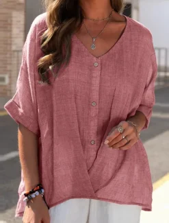 Online Women's Shirt Blouse Cotton Linen Shirts Plain Casual Short Sleeve V Neck Regular Tops Daily Buttons Pink Blue Purple Green Khaki Summer Women Shirts