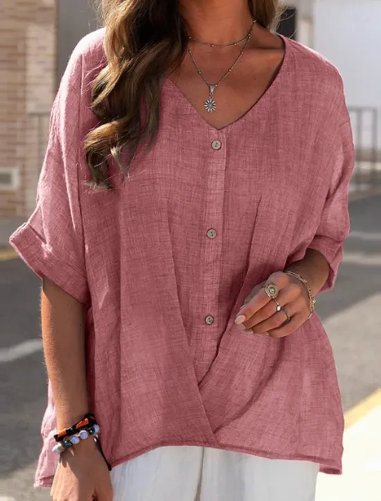 Online Women's Shirt Blouse Cotton Linen Shirts Plain Casual Short Sleeve V Neck Regular Tops Daily Buttons Pink Blue Purple Green Khaki Summer Women Shirts