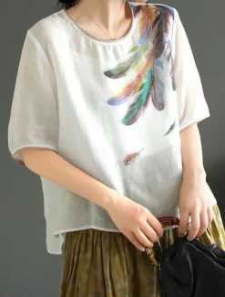 Hot Women's Shirt Blouse Cotton Linen Shirts Feather Basic Casual Half Sleeve Crew Neck Regular Tops Daily Print White Pink Green Khaki Summer Spring Women Blouses & Shirts|Shirts
