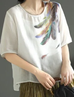 Hot Women's Shirt Blouse Cotton Linen Shirts Feather Basic Casual Half Sleeve Crew Neck Regular Tops Daily Print White Pink Green Khaki Summer Spring Women Blouses & Shirts|Shirts