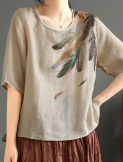 Hot Women's Shirt Blouse Cotton Linen Shirts Feather Basic Casual Half Sleeve Crew Neck Regular Tops Daily Print White Pink Green Khaki Summer Spring Women Blouses & Shirts|Shirts