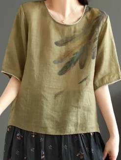 Hot Women's Shirt Blouse Cotton Linen Shirts Feather Basic Casual Half Sleeve Crew Neck Regular Tops Daily Print White Pink Green Khaki Summer Spring Women Blouses & Shirts|Shirts