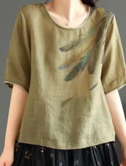 Hot Women's Shirt Blouse Cotton Linen Shirts Feather Basic Casual Half Sleeve Crew Neck Regular Tops Daily Print White Pink Green Khaki Summer Spring Women Blouses & Shirts|Shirts