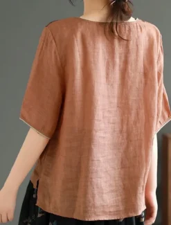 Hot Women's Shirt Blouse Cotton Linen Shirts Feather Basic Casual Half Sleeve Crew Neck Regular Tops Daily Print White Pink Green Khaki Summer Spring Women Blouses & Shirts|Shirts