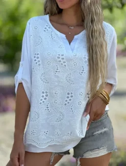 Online Women's Shirt Blouse Dressy Tops Solid Color Plain Stylish Basic Long Sleeve Notched Neck Regular Tops Daily Embroidered Eyelet Black Orange Summer Spring Fall Women Lace Tops