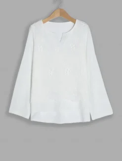 Online Women's Shirt Blouse Dressy Tops Solid Color Plain Stylish Basic Long Sleeve Notched Neck Regular Tops Daily Embroidered Eyelet Black Orange Summer Spring Fall Women Lace Tops