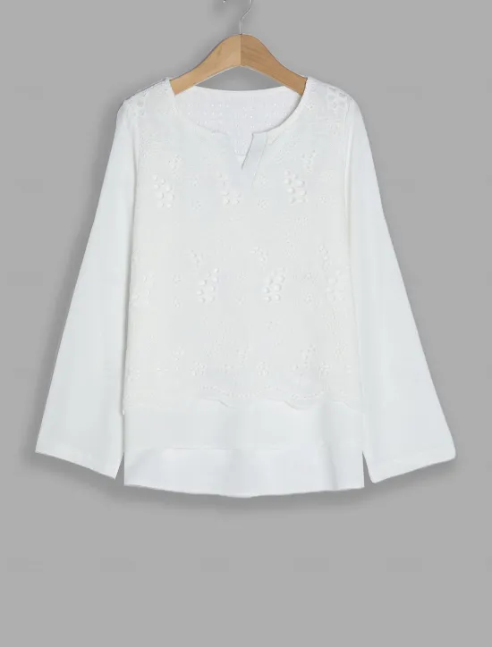 Online Women's Shirt Blouse Dressy Tops Solid Color Plain Stylish Basic Long Sleeve Notched Neck Regular Tops Daily Embroidered Eyelet Black Orange Summer Spring Fall Women Lace Tops