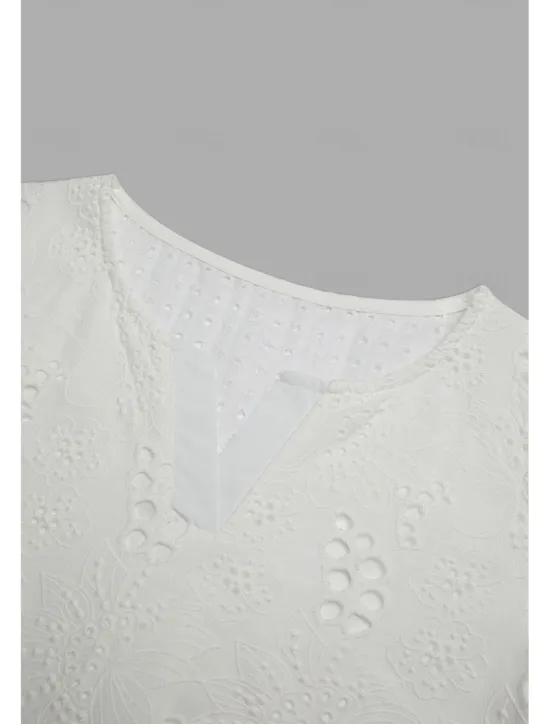Online Women's Shirt Blouse Dressy Tops Solid Color Plain Stylish Basic Long Sleeve Notched Neck Regular Tops Daily Embroidered Eyelet Black Orange Summer Spring Fall Women Lace Tops