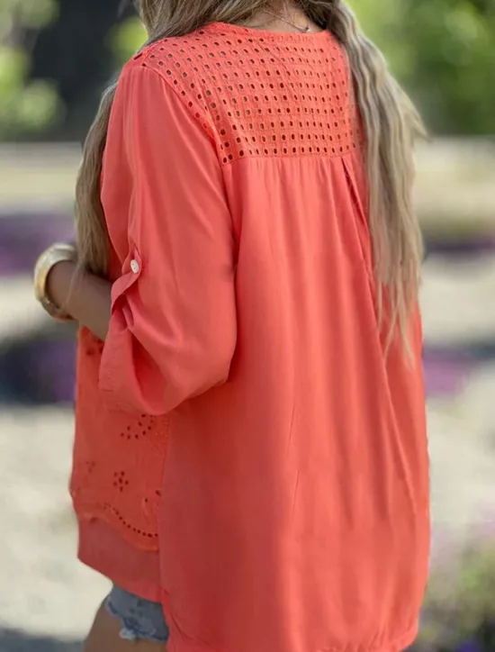 Online Women's Shirt Blouse Dressy Tops Solid Color Plain Stylish Basic Long Sleeve Notched Neck Regular Tops Daily Embroidered Eyelet Black Orange Summer Spring Fall Women Lace Tops