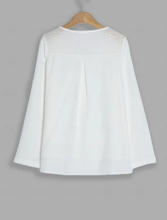 Online Women's Shirt Blouse Dressy Tops Solid Color Plain Stylish Basic Long Sleeve Notched Neck Regular Tops Daily Embroidered Eyelet Black Orange Summer Spring Fall Women Lace Tops