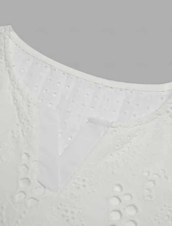 Online Women's Shirt Blouse Dressy Tops Solid Color Plain Stylish Basic Long Sleeve Notched Neck Regular Tops Daily Embroidered Eyelet Black Orange Summer Spring Fall Women Lace Tops