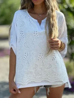 Online Women's Shirt Blouse Dressy Tops Solid Color Plain Stylish Basic Long Sleeve Notched Neck Regular Tops Daily Embroidered Eyelet Black Orange Summer Spring Fall Women Lace Tops