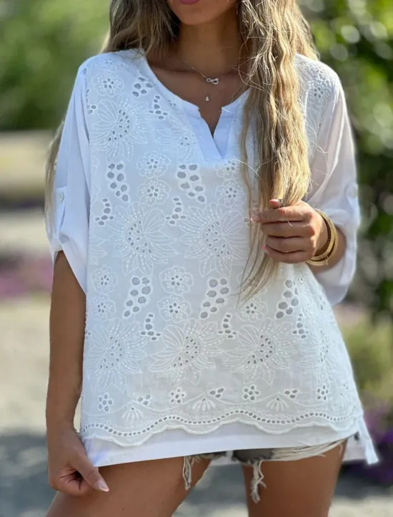 Online Women's Shirt Blouse Dressy Tops Solid Color Plain Stylish Basic Long Sleeve Notched Neck Regular Tops Daily Embroidered Eyelet Black Orange Summer Spring Fall Women Lace Tops