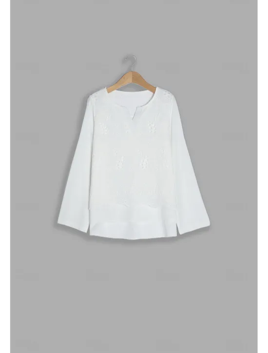 Online Women's Shirt Blouse Dressy Tops Solid Color Plain Stylish Basic Long Sleeve Notched Neck Regular Tops Daily Embroidered Eyelet Black Orange Summer Spring Fall Women Lace Tops