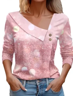 Clearance Women's Shirt Blouse Dressy Tops Casual Buttons Print Long Sleeve Regular Tops V Neck Daily Pink Red Purple Rose Pink Spring & Summer Women Blouses & Shirts