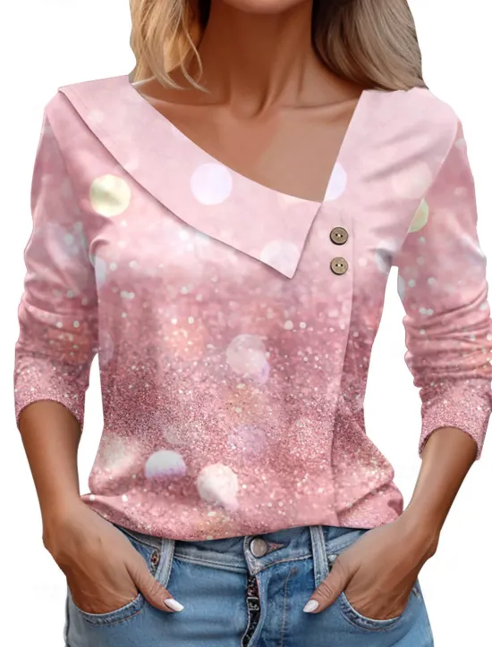 Clearance Women's Shirt Blouse Dressy Tops Casual Buttons Print Long Sleeve Regular Tops V Neck Daily Pink Red Purple Rose Pink Spring & Summer Women Blouses & Shirts