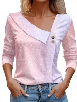 Clearance Women's Shirt Blouse Dressy Tops Casual Buttons Print Long Sleeve Regular Tops V Neck Daily Pink Red Purple Rose Pink Spring & Summer Women Blouses & Shirts