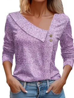 Clearance Women's Shirt Blouse Dressy Tops Casual Buttons Print Long Sleeve Regular Tops V Neck Daily Pink Red Purple Rose Pink Spring & Summer Women Blouses & Shirts