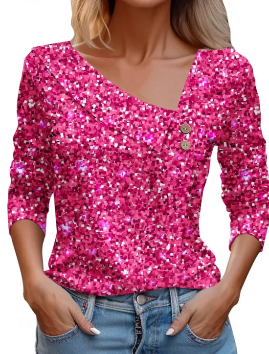 Clearance Women's Shirt Blouse Dressy Tops Casual Buttons Print Long Sleeve Regular Tops V Neck Daily Pink Red Purple Rose Pink Spring & Summer Women Blouses & Shirts