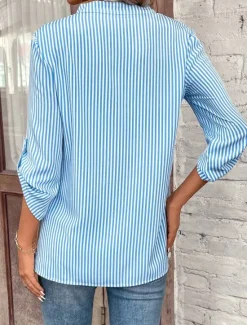 Sale Women's Shirt Blouse Dressy Tops Stylish Modern Striped Pocket 3/4 Length Sleeve Notched Neck Work Black Yellow Red Royal Blue Sky Blue Summer Spring Fall Women Blouses & Shirts
