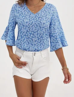 Best Women's Shirt Blouse Dressy Tops Floral Casual 3/4 Length Sleeve Bell Sleeve V Neck Regular Tops Vacation Daily Print Yellow Blue Green Spring & Summer Women Blouses & Shirts|Spring Tops